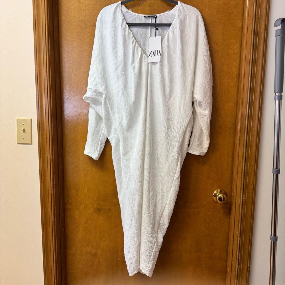 NWT Zara Ivory V-Neck Midi Tunic Dress Long Sleeve Size S